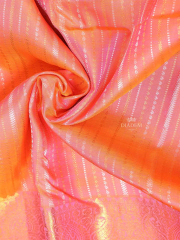 Orange Pure Kanchipuram Bridal Silk Saree with Stripes Design on the Body with Zari Border - Diadem