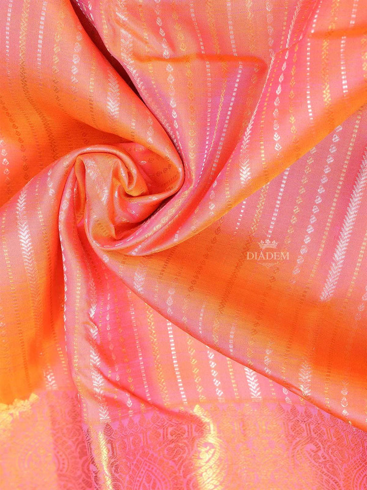Orange Pure Kanchipuram Bridal Silk Saree with Stripes Design on the Body with Zari Border - Diadem