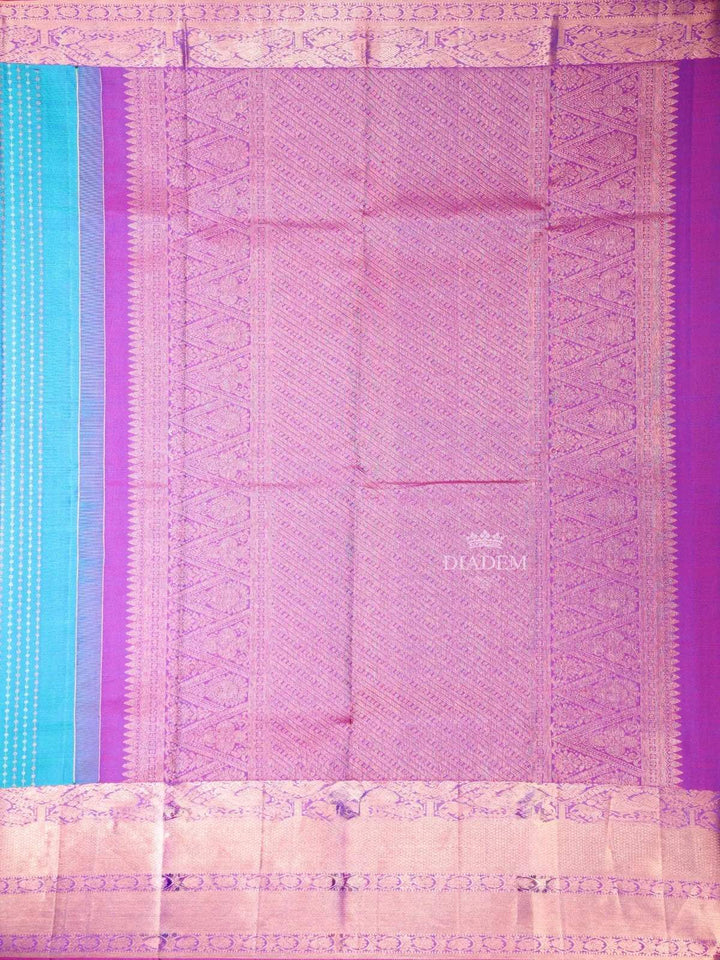 Sky Blue Pure Kanchipuram Bridal Silk Saree With Stripes Design on the Body with Zari Border - Diadem