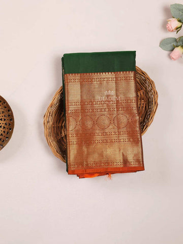 Dark Green Pure Kanchipuram Bridal Silk Saree with Floral Motif on the body and Contrast Zari Border - Diadem