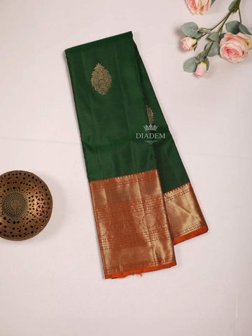 Dark Green Pure Kanchipuram Bridal Silk Saree with Floral Motif on the body and Contrast Zari Border - Diadem