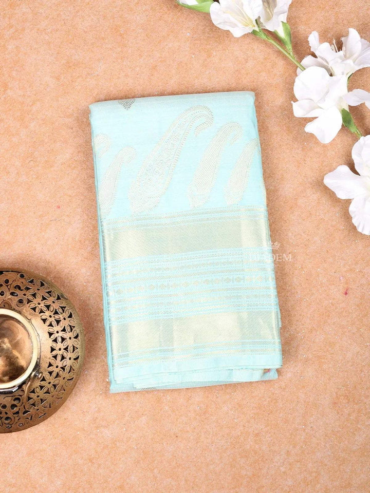 Sky Blue Pure Kanchipuram Bridal Silk Saree with Zari Butta on the Body with Zari Border - Diadem