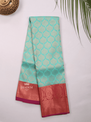 Aqua Blue Pure Kanchipuram Bridal Silk Saree with Tree Motif on the body and Contrast Zari Border - Diadem