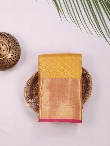 Yellow Pure Kanchipuram Bridal Silk Saree with Zari Brocade on the body and Contrast Zari Border - Diadem