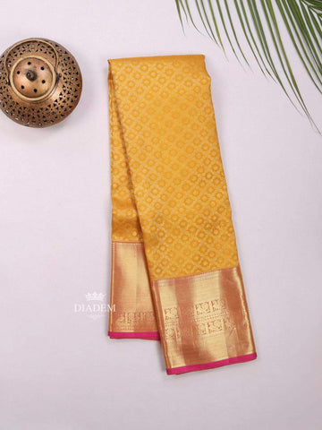 Yellow Pure Kanchipuram Bridal Silk Saree with Zari Brocade on the body and Contrast Zari Border - Diadem