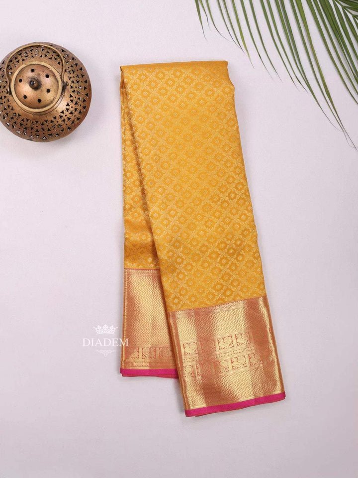 Yellow Pure Kanchipuram Bridal Silk Saree with Zari Brocade on the body and Contrast Zari Border - Diadem