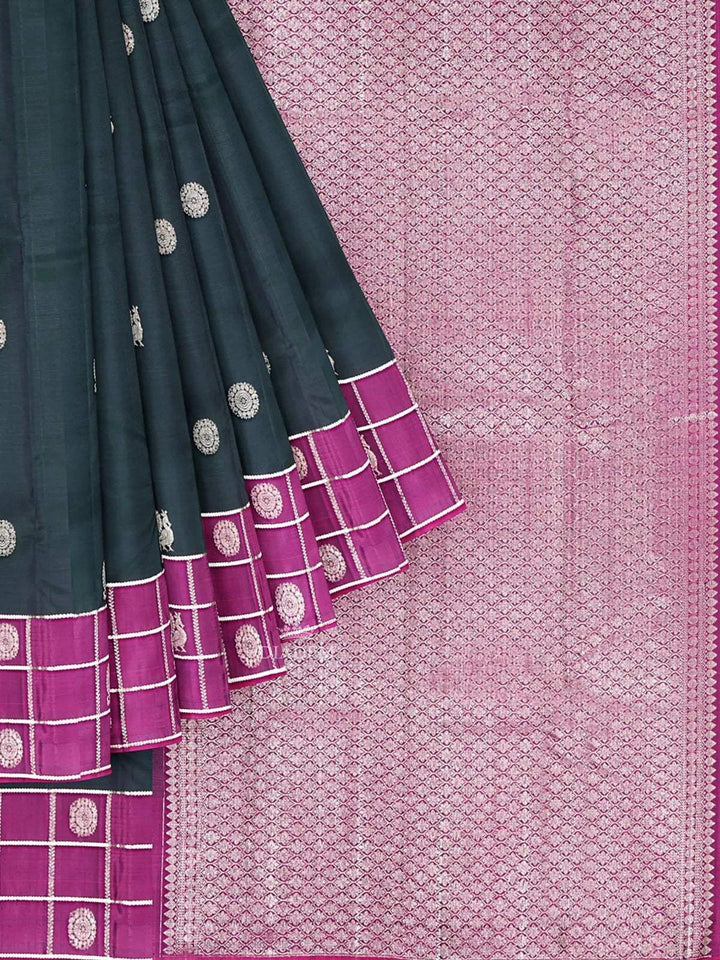 Dark Green Pure Kanchipuram Saree with Zari Butta on the body and Contrast Zari Border - Diadem