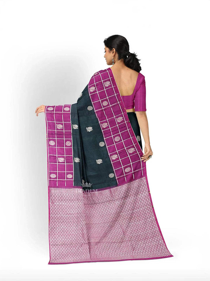 Dark Green Pure Kanchipuram Saree with Zari Butta on the body and Contrast Zari Border - Diadem