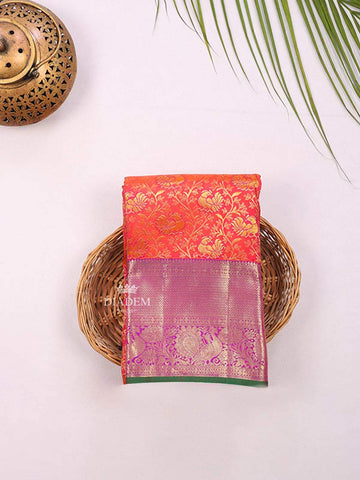 Red Pure Kanchipuram Bridal Silk Saree with Floral Motif on the body and Contrast Zari Border - Diadem