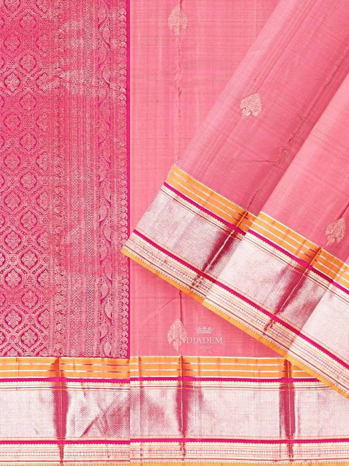 Pink Pure Kanchipuram Bridal Silk Saree with Floral Motif on the body and Contrast Border - Diadem