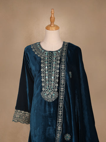 Blue Floral Designed Velvet Co Ord Salwar Suit - Diadem