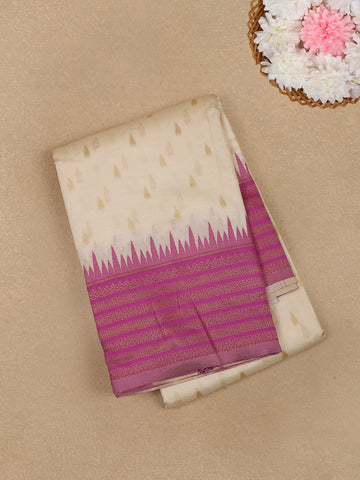 Ivory White with Pink Zari Border Fancy Kerala Cotton Saree - Diadem