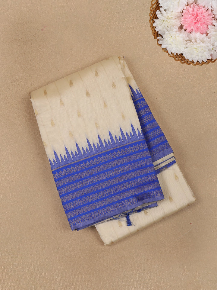 Ivory White with Blue Zari Border Fancy Kerala Cotton Saree - Diadem