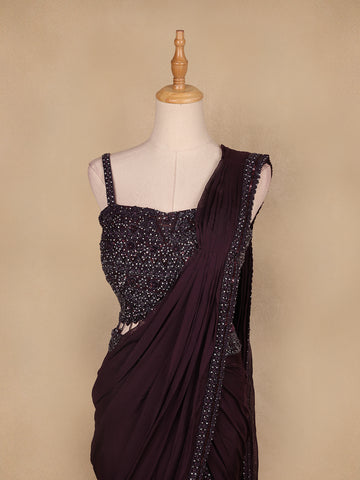 Dark Red Embroidery Crepe Ready To Wear Saree with Designer Blouse - Diadem