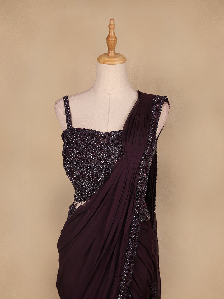 Dark Red Embroidery Crepe Ready To Wear Saree with Designer Blouse - Diadem