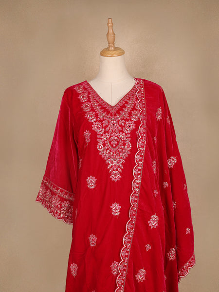 Red Floral Designed Velvet Co Ord Salwar Suit - Diadem