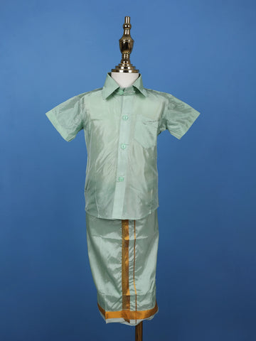 Mint Green Silk Dhoti With Matching Half Sleeve Shirt - Diadem