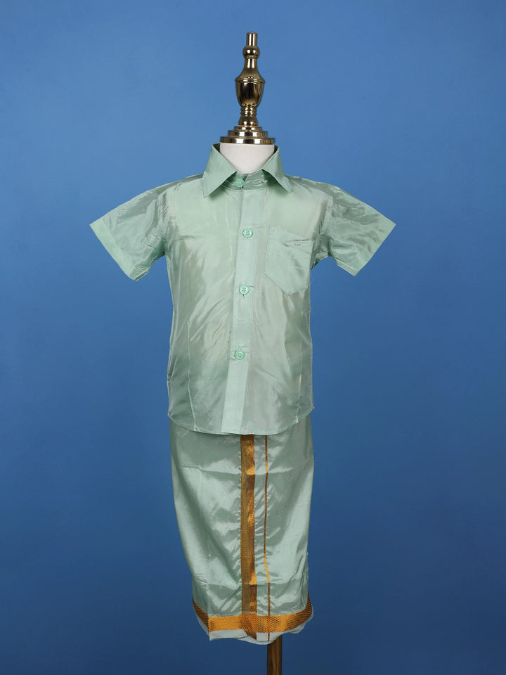 Mint Green Silk Dhoti With Matching Half Sleeve Shirt - Diadem