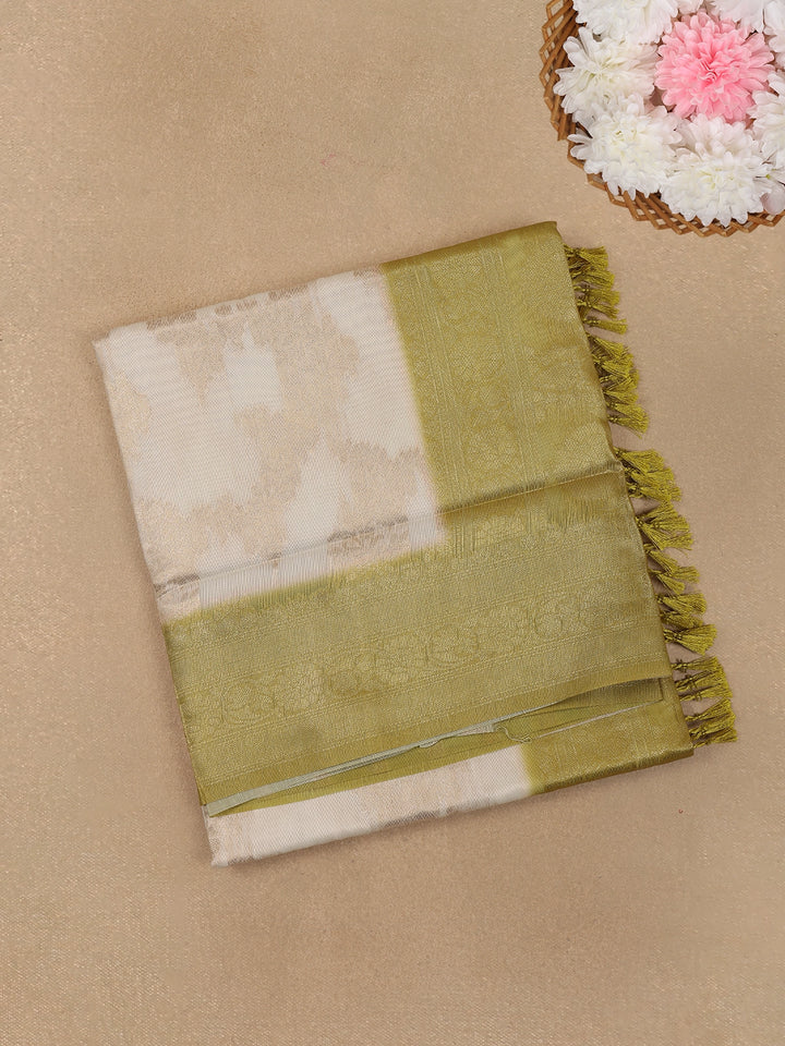 Ivory White with Yellow Shaded Border Fancy Kerala Silk Saree - Diadem