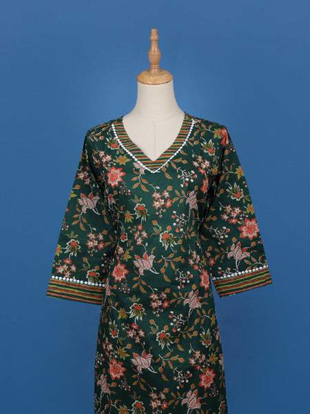 Dark Green Floral Designed Cotton Salwar Suit - Diadem