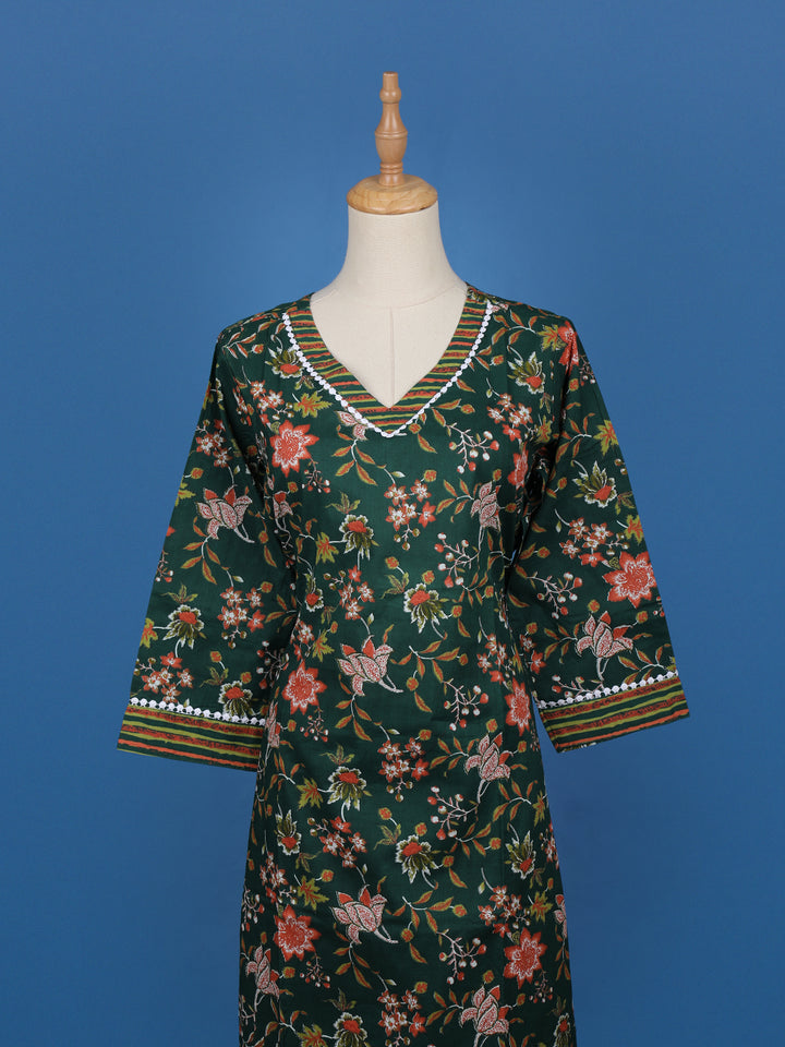 Dark Green Floral Designed Cotton Salwar Suit - Diadem