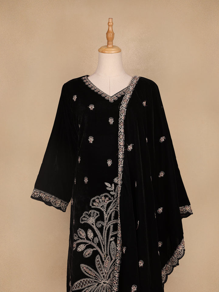 Black Floral Designed Velvet Co Ord Salwar Suit - Diadem
