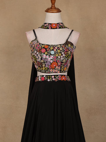 Black Floral Embroidered Satin Lehenga - Diadem