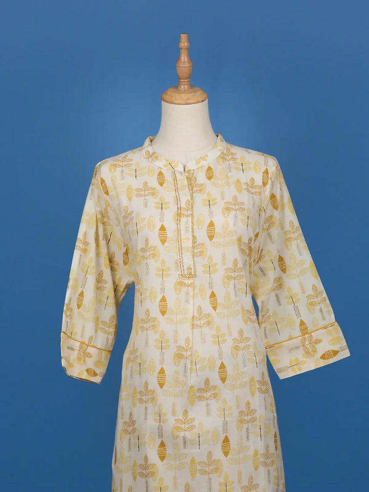 Beige & Mustard Leaf Printed Cotton Salwar Suit - Diadem