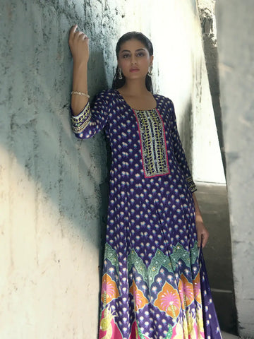 Navy Blue Floral Printed Synthetic Salwar Suit - Diadem