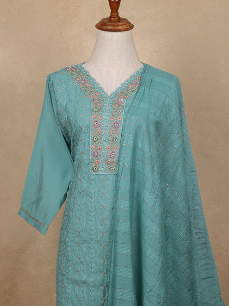 Light Blue Sequins Floral Design Cotton Salwar Suit - Diadem