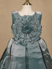 Teal Green Metallic Shine Party Frock with Oversized Glitter Floral Embellishment - Diadem
