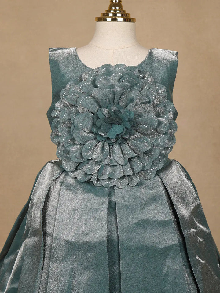 Teal Green Metallic Shine Party Frock with Oversized Glitter Floral Embellishment - Diadem