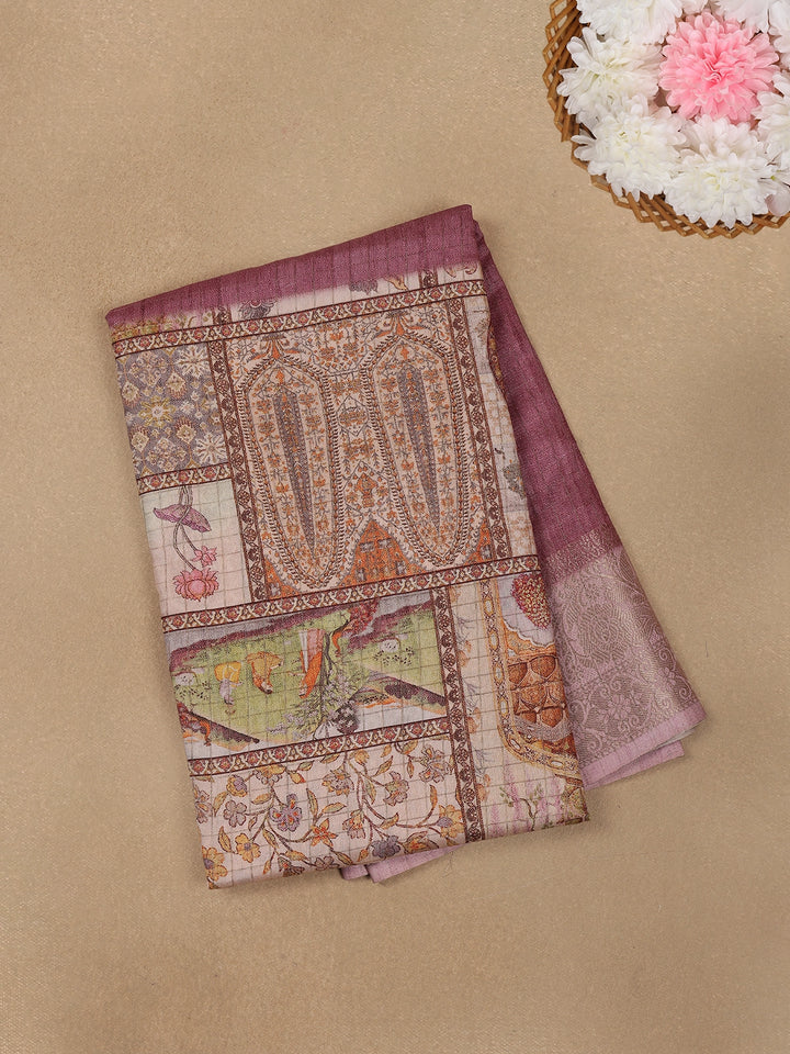 Light Burgundy Floral Printed Cotton Saree - Diadem