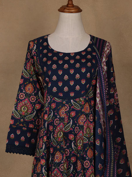 Navy Blue Floral Design Printed Cotton Salwar Suit - Diadem