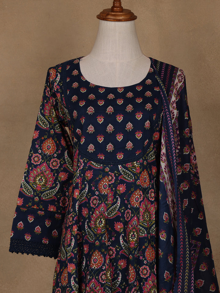 Navy Blue Floral Design Printed Cotton Salwar Suit - Diadem