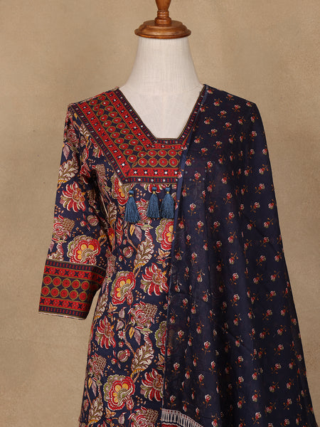 Navy Blue Floral Design Printed Cotton Salwar Suit - Diadem