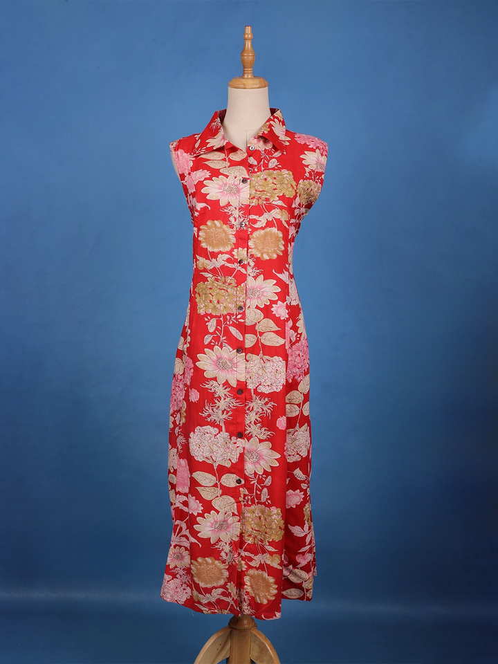 Red Floral Printed Chiffon Kurti - Diadem