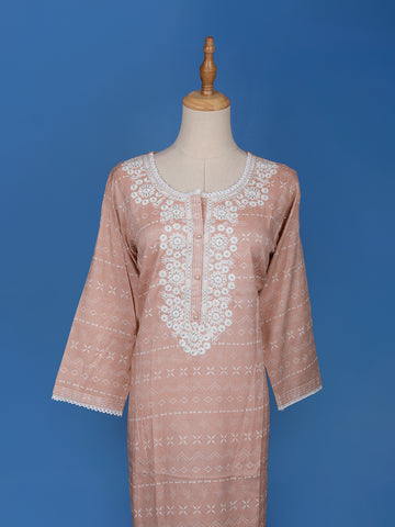 Peach Floral Designed Cotton Kurti - Diadem