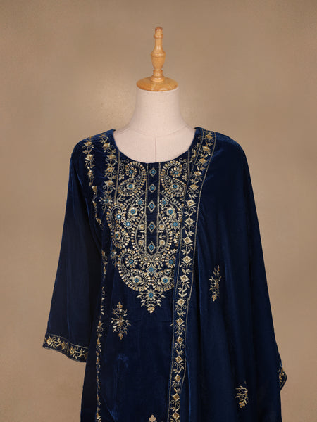 Blue Floral Designed Velvet Co Ord Salwar Suit - Diadem