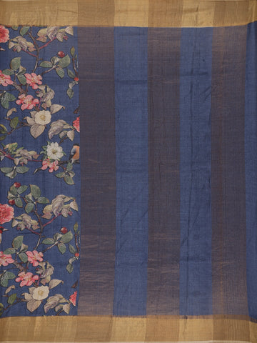 Navy Blue Floral Woven Tussar Silk Saree - Diadem