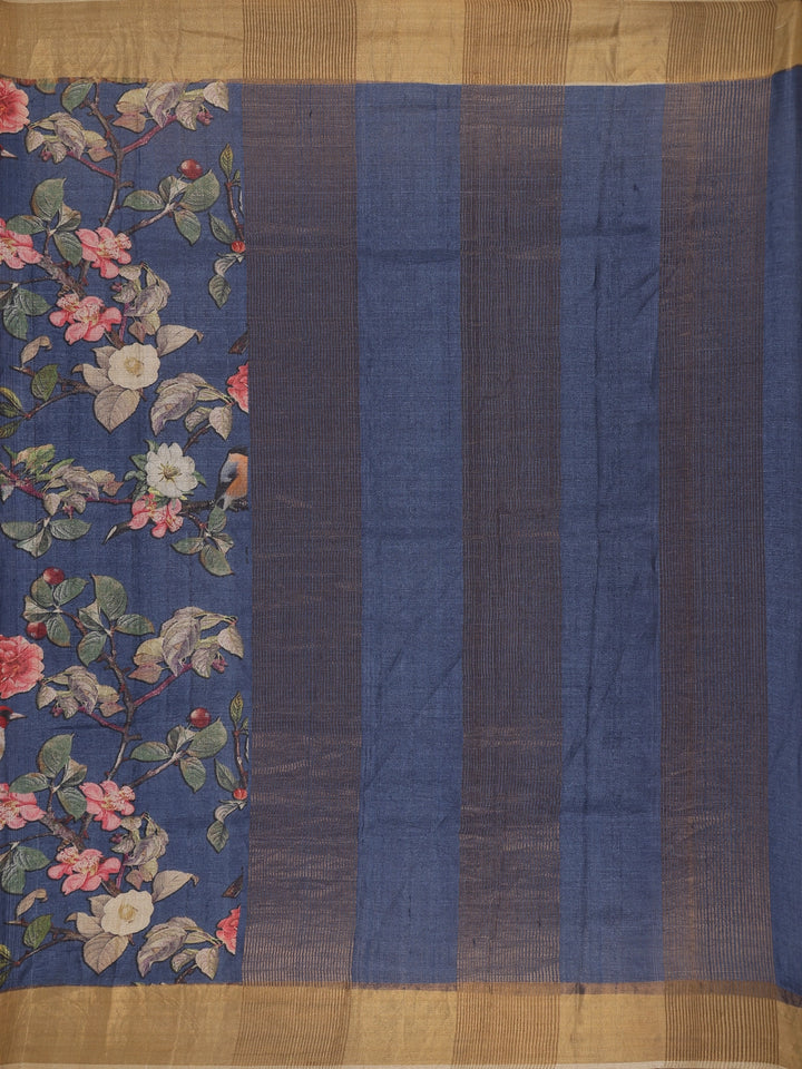 Navy Blue Floral Woven Tussar Silk Saree - Diadem