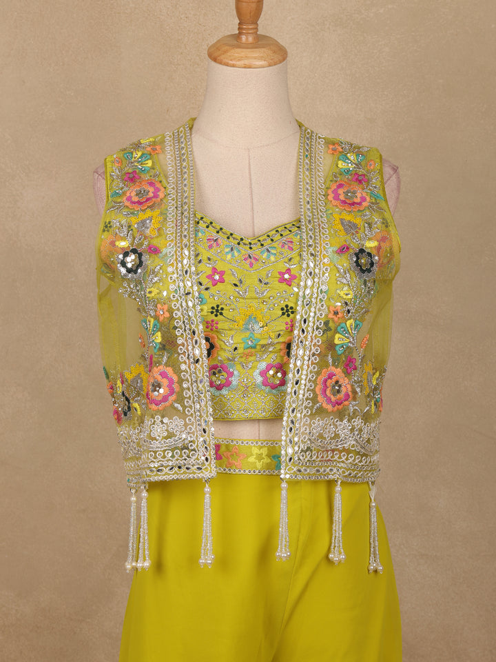 Lime Yellow Floral Sequins Embroidery Palazzo Suit - Diadem