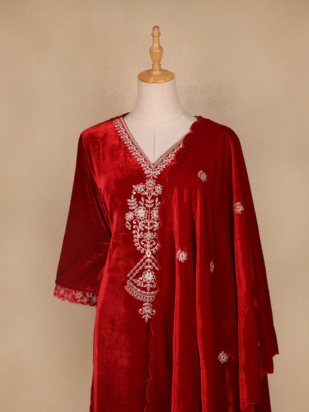 Red Floral Designed Velvet Co Ord Salwar Suit - Diadem