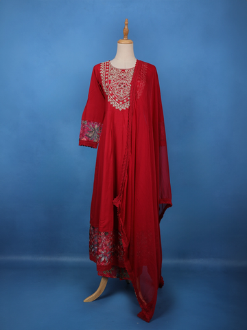 Deep Red Floral Embroidered Cotton Salwar Suit - Diadem