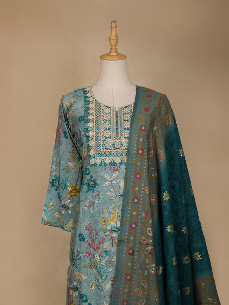 Green Floral Printed Cotton Salwar Suit - Diadem