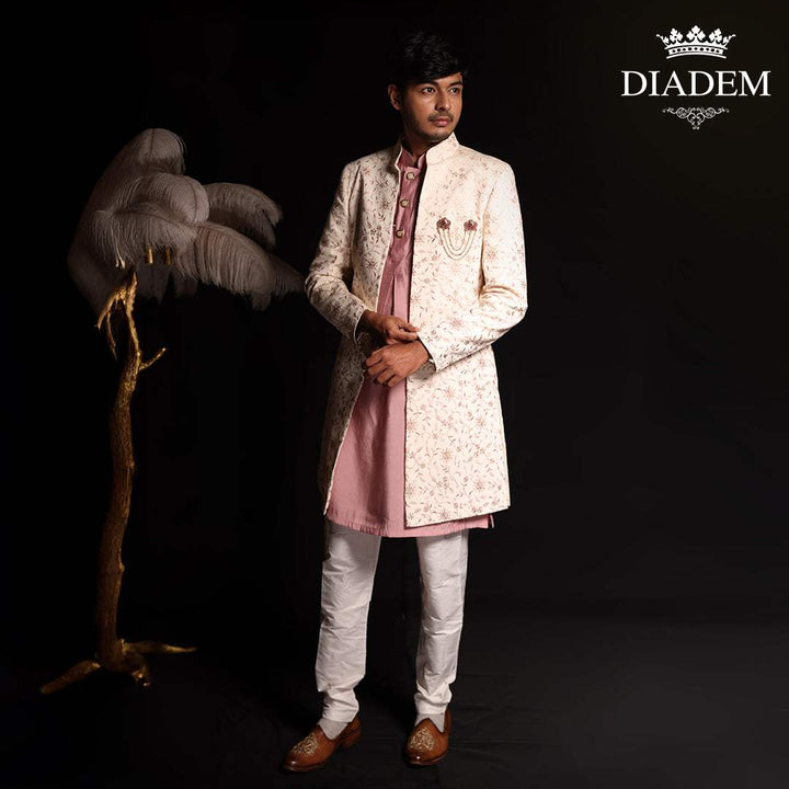 Cream Raw Silk Floral Designed Sherwani Suit - Diadem