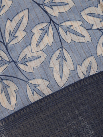 Light Blue Leaf Printed Fancy Cotton Saree - Diadem