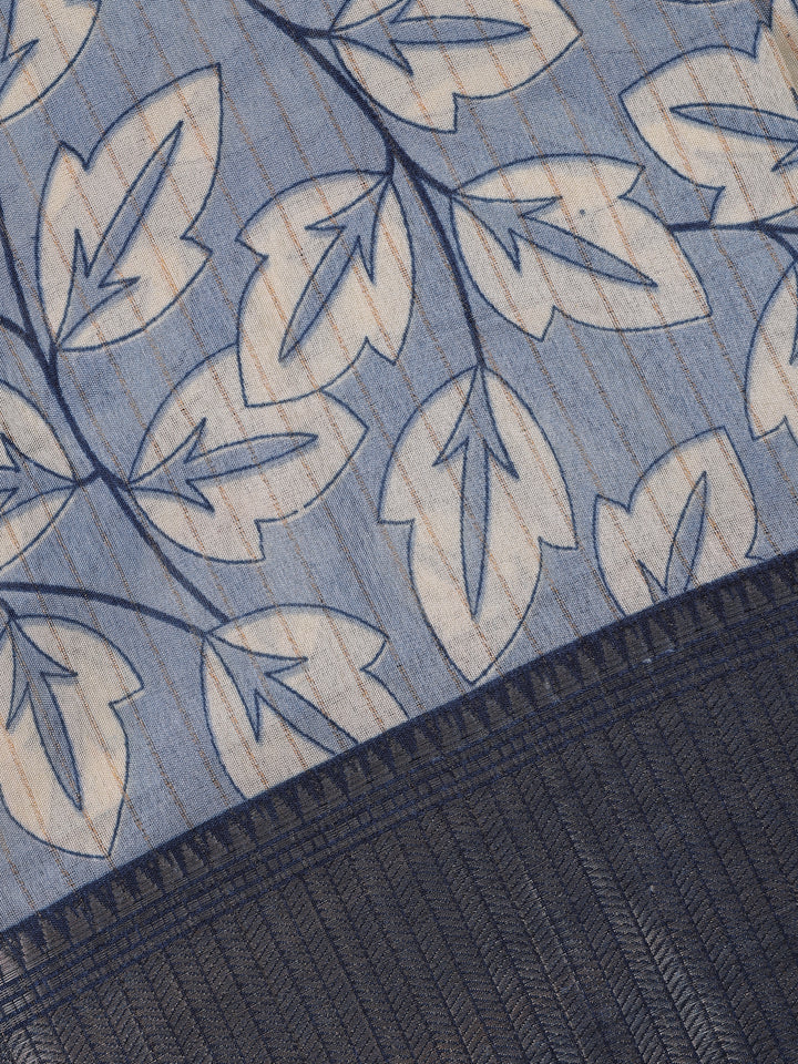 Light Blue Leaf Printed Fancy Cotton Saree - Diadem