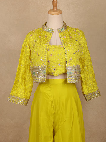 Mustard Yellow Floral Sequins Embroidery Palazzo Suit - Diadem