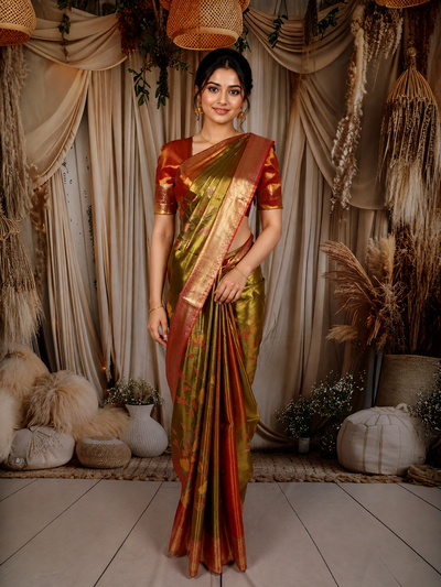 Ash Grey Floral Woven Design Semi Silk Saree with Zari Border | Diadem